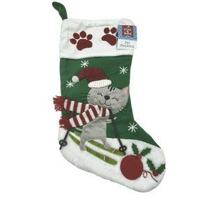 Pet Christmas Stocking Cat Kitten Skiing Paws Scarf Green White Hanging 17" NEW